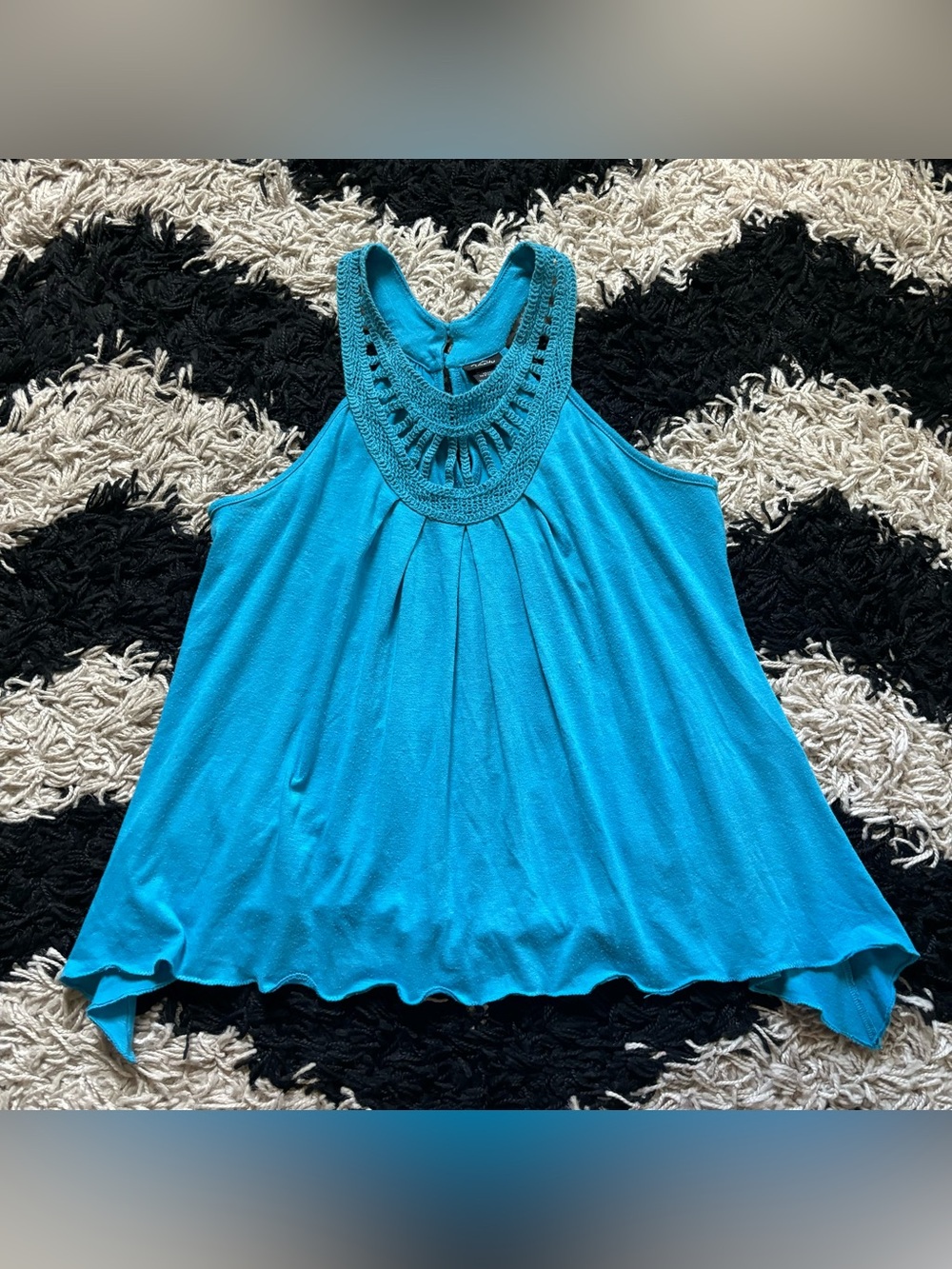 Vanity Blue Cutout Neckline Flowy Asymmetrical Tank Top